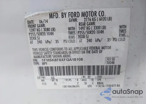 2015 Ford Explorer Limited z USA, uszkodzony, nr VIN 1FM5K8F8XFGA18108